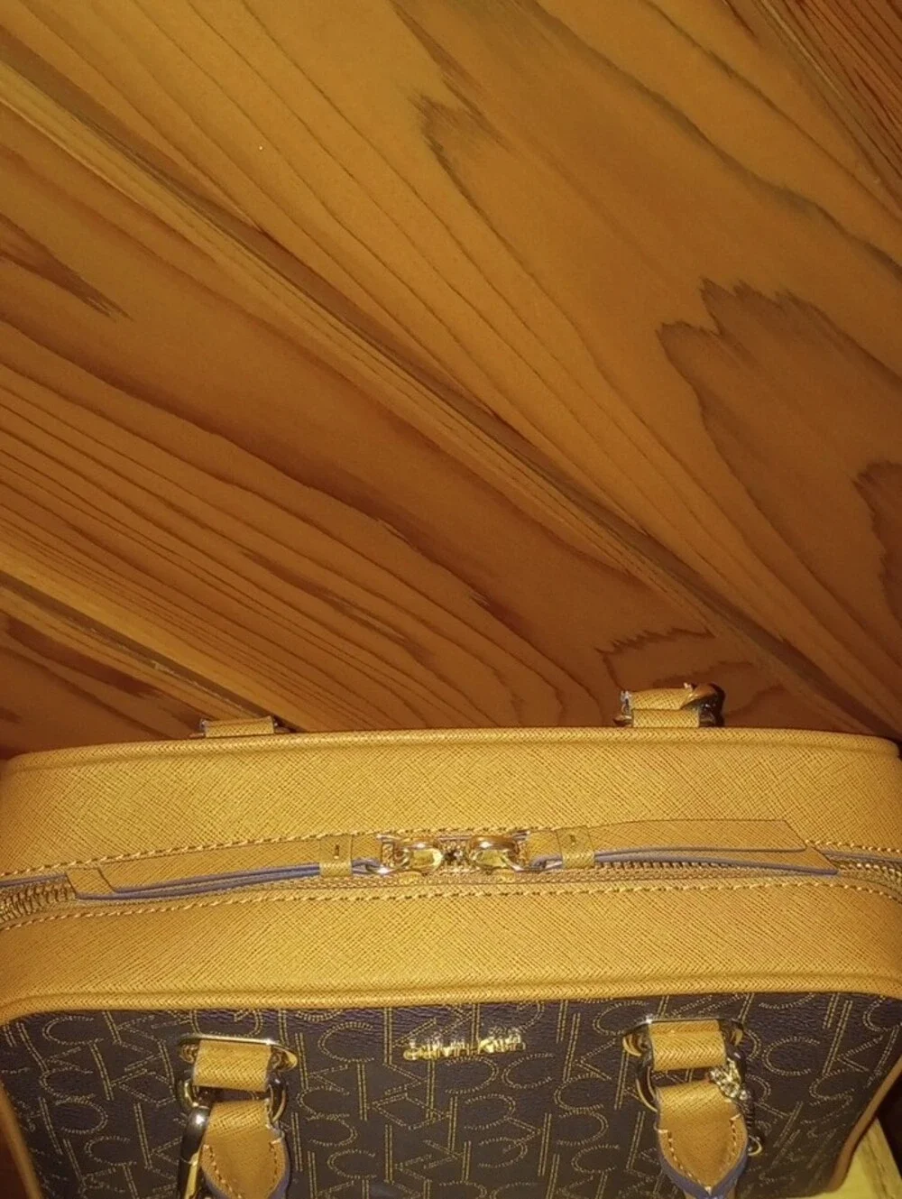 Calvin Klein Brown Monogram Satchel with Tan Trim and Gold Chain
